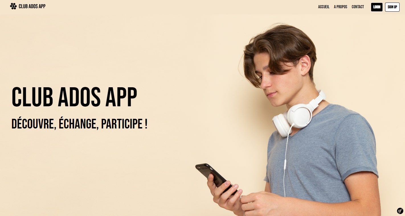 landing page pour une application club ados app